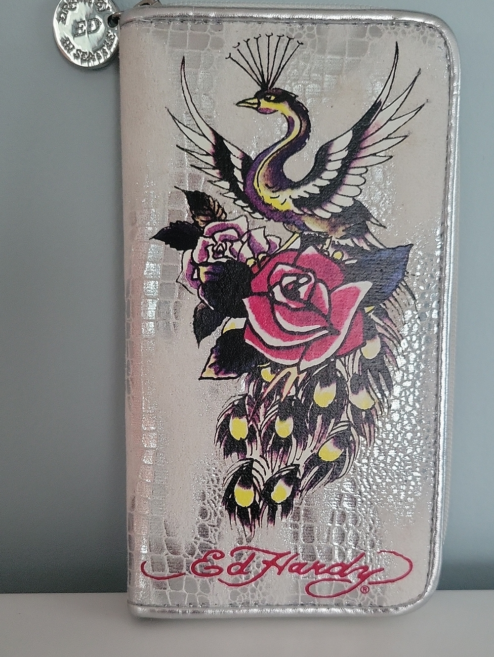 Ed Hardy Silver Peacock & Pink Rose Zip Phone Wallet